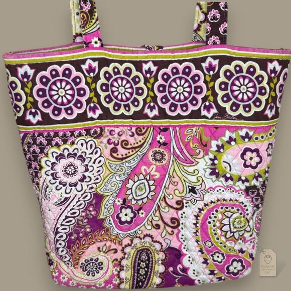 Vera Bradley Quilted Tote Bag Paisley Floral Pink Brown Yellow - Picture 4 of 6